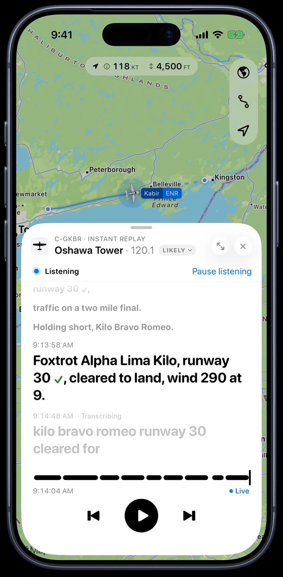 Instant replay of Oshawa Tower on 120.1, transcribing a landing clearance as it is spoken