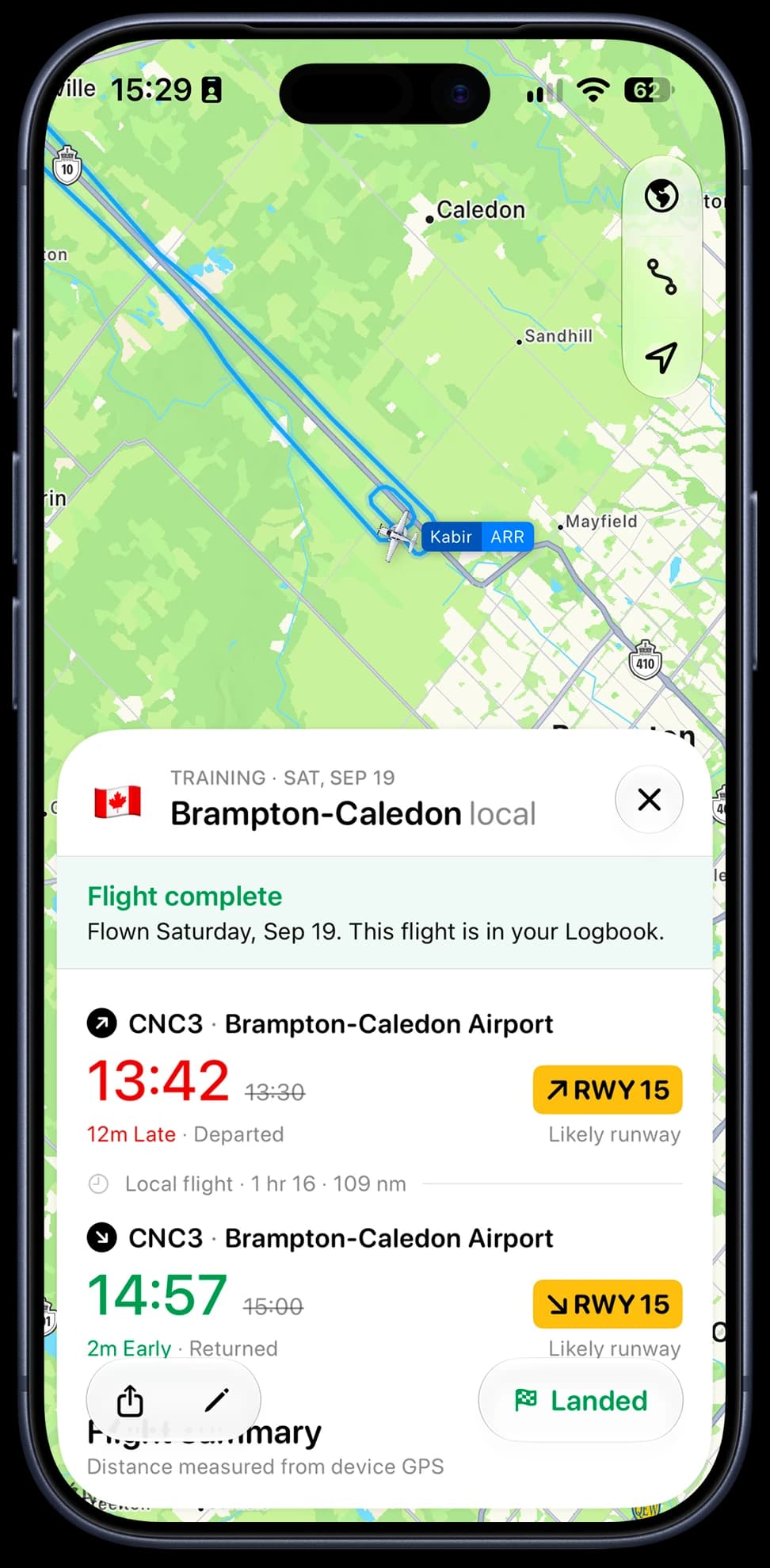 A finished training flight at Brampton-Caledon: off 12 minutes late at 13:42, down 2 minutes early at 14:57, runway 15 both ways, 109 nm in 1 hr 16