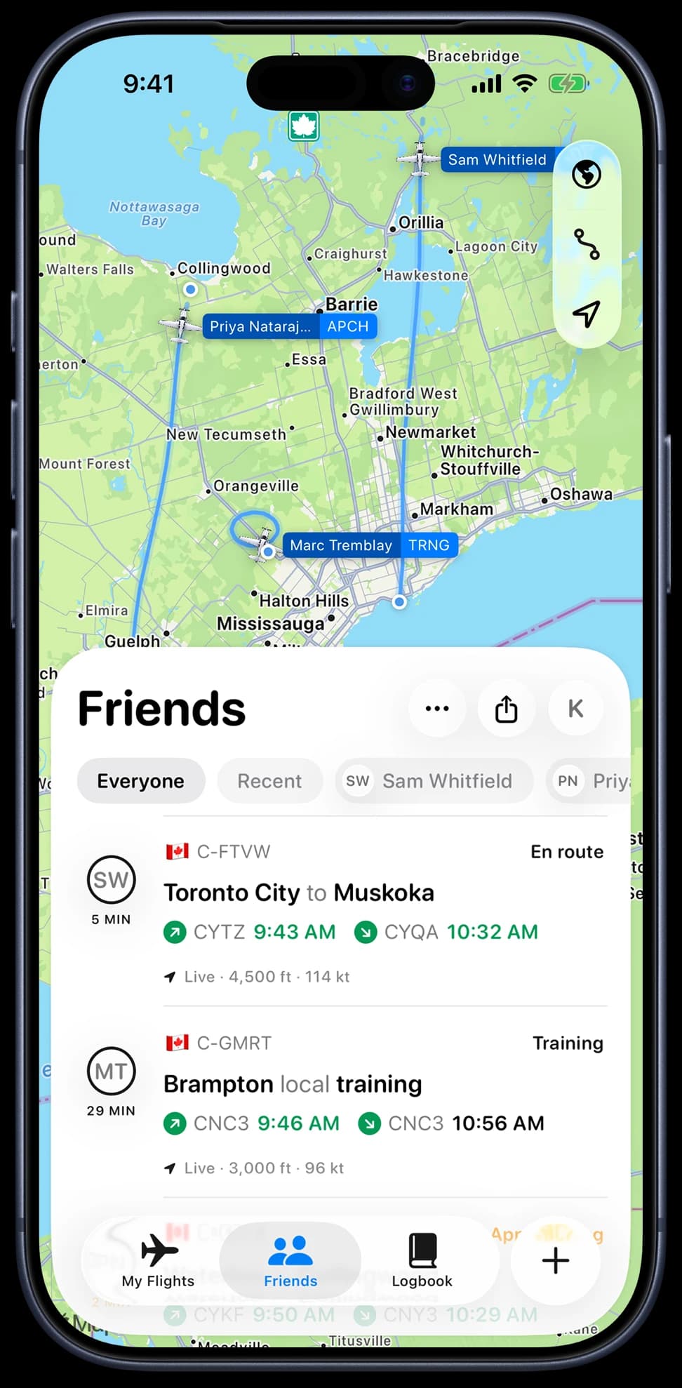 The Friends tab: four friends flying at once over southern Ontario, each with live altitude and speed