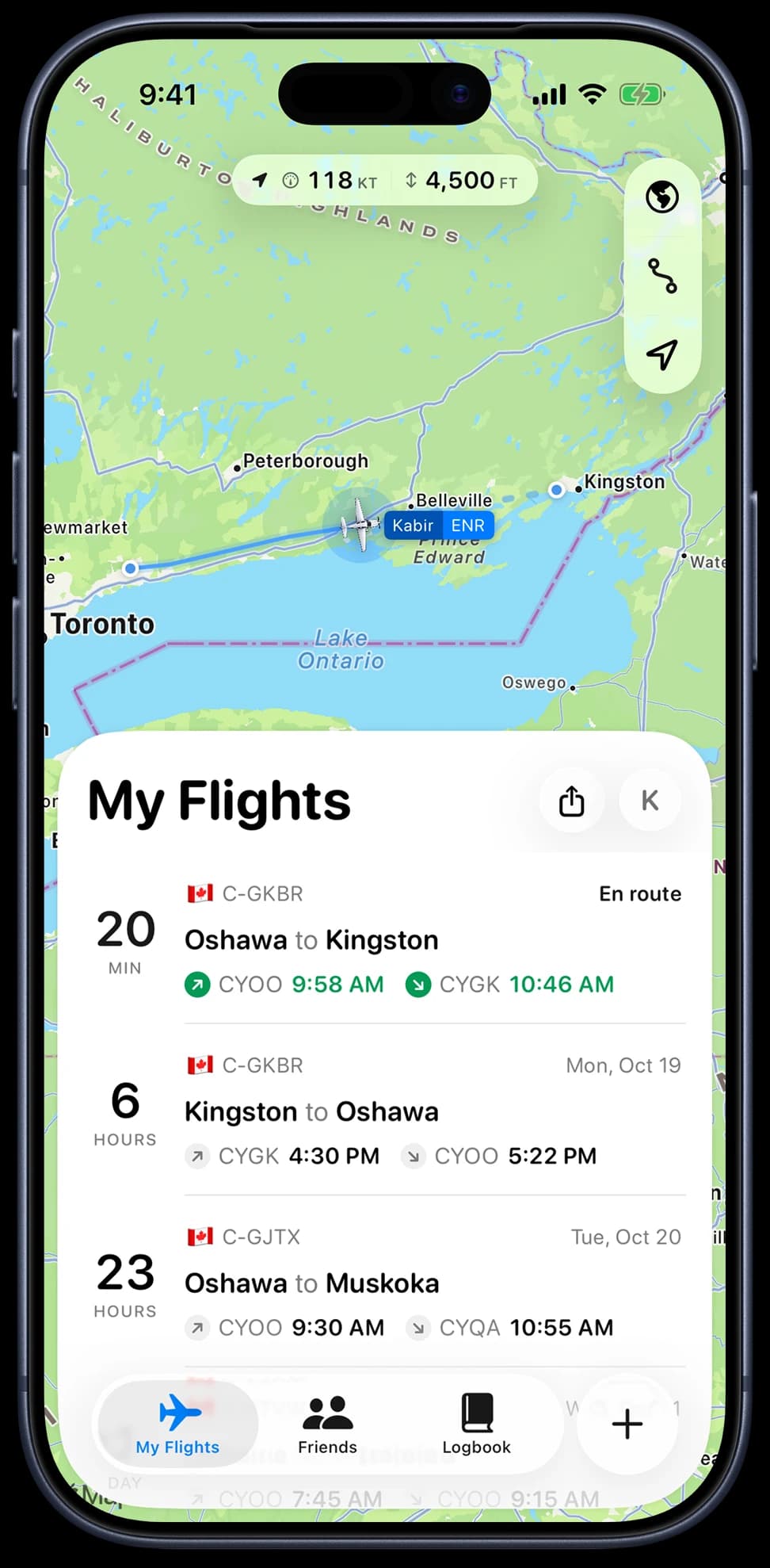My Flights: a Cessna 172 en route from Oshawa to Kingston at 4,500 ft and 118 knots, with the week's flights listed below